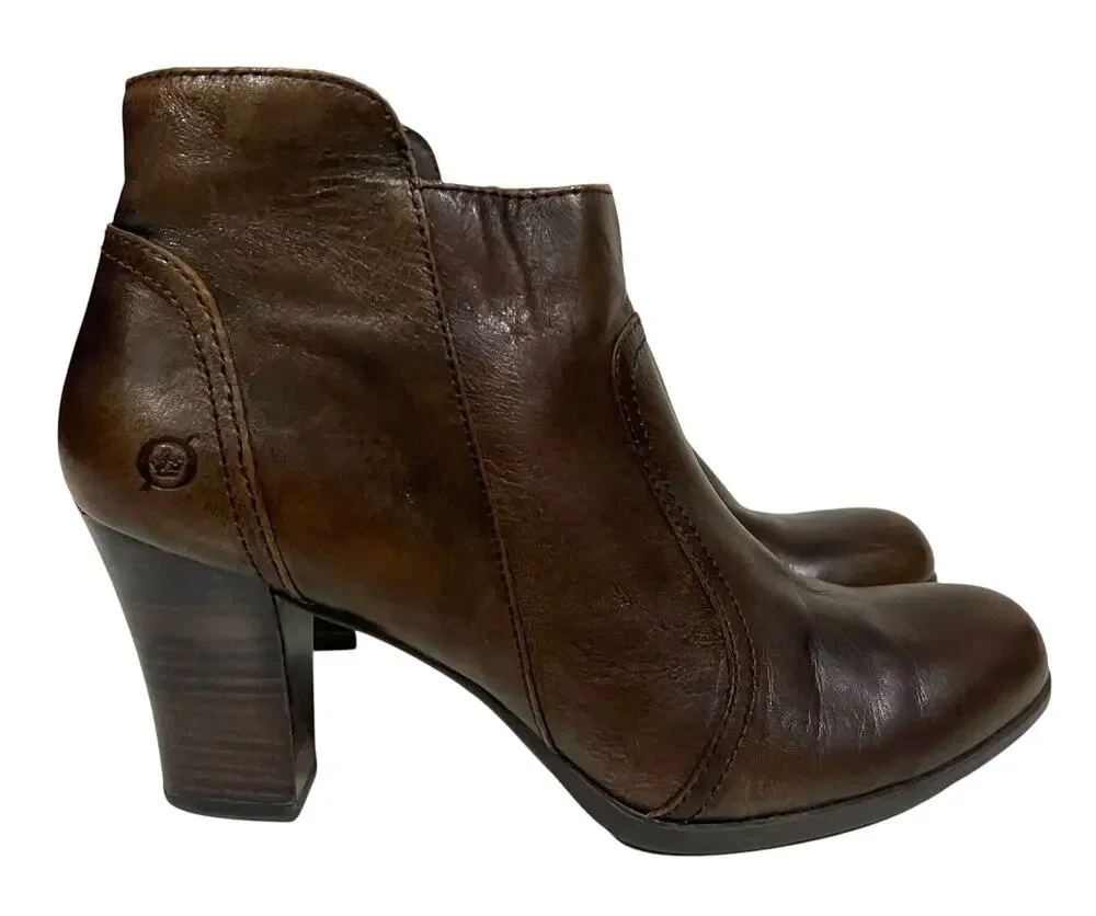 Born Brown Leather Boots Booties Block Heel Ankle‎ Claire Womens Size 9.5 M